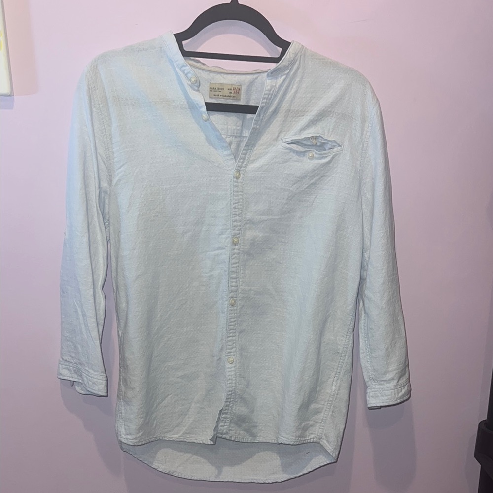Zara Boys Button Down Shirt Kids 13/14 Light Blue‎ Excellent Collar 100% Cotton